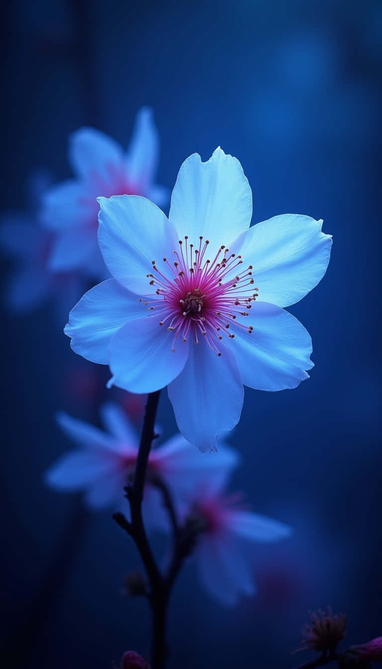 Flower 壁紙 — 一朵淺藍色的櫻花，帶有粉紅色的雄蕊，在深藍色模糊的背景中綻放。