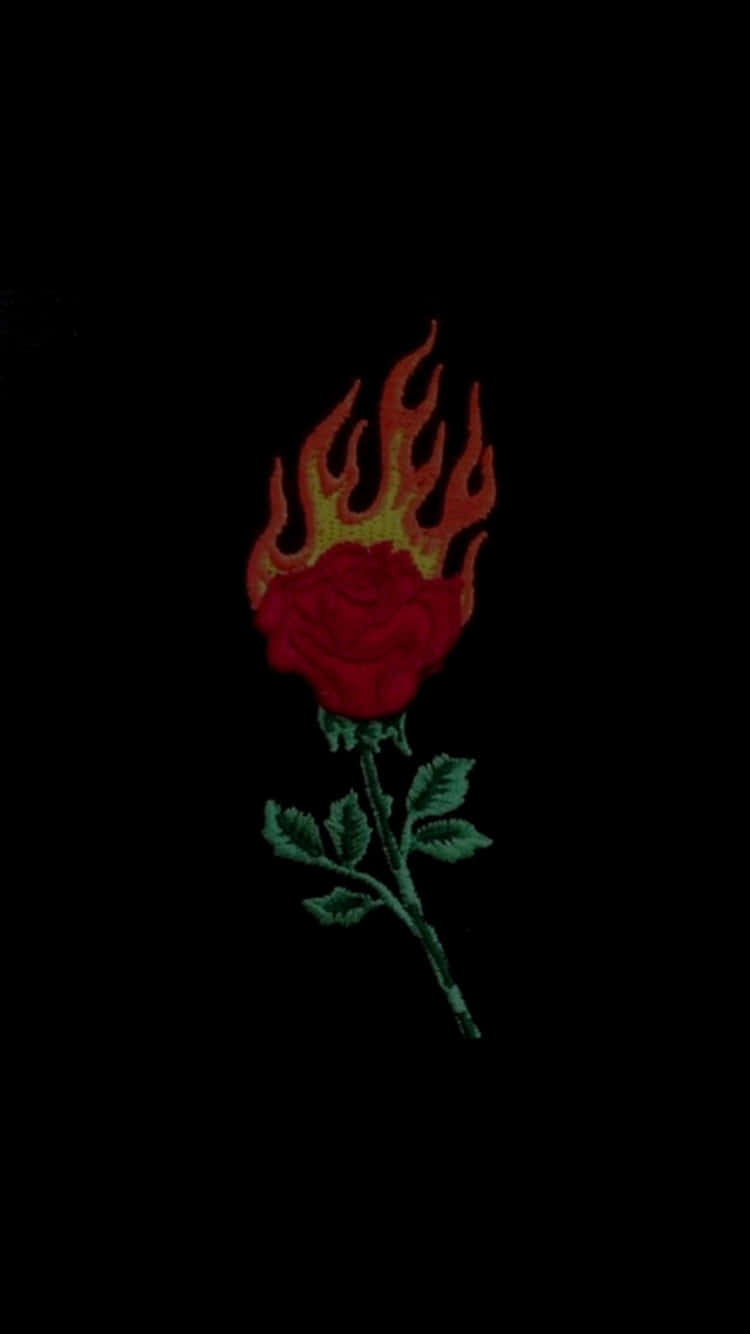Cool Rose 桌布 壁紙 — 一朵火紅的玫瑰，頂端噴出橙色火焰，以刺繡方式呈現在純黑背景上。