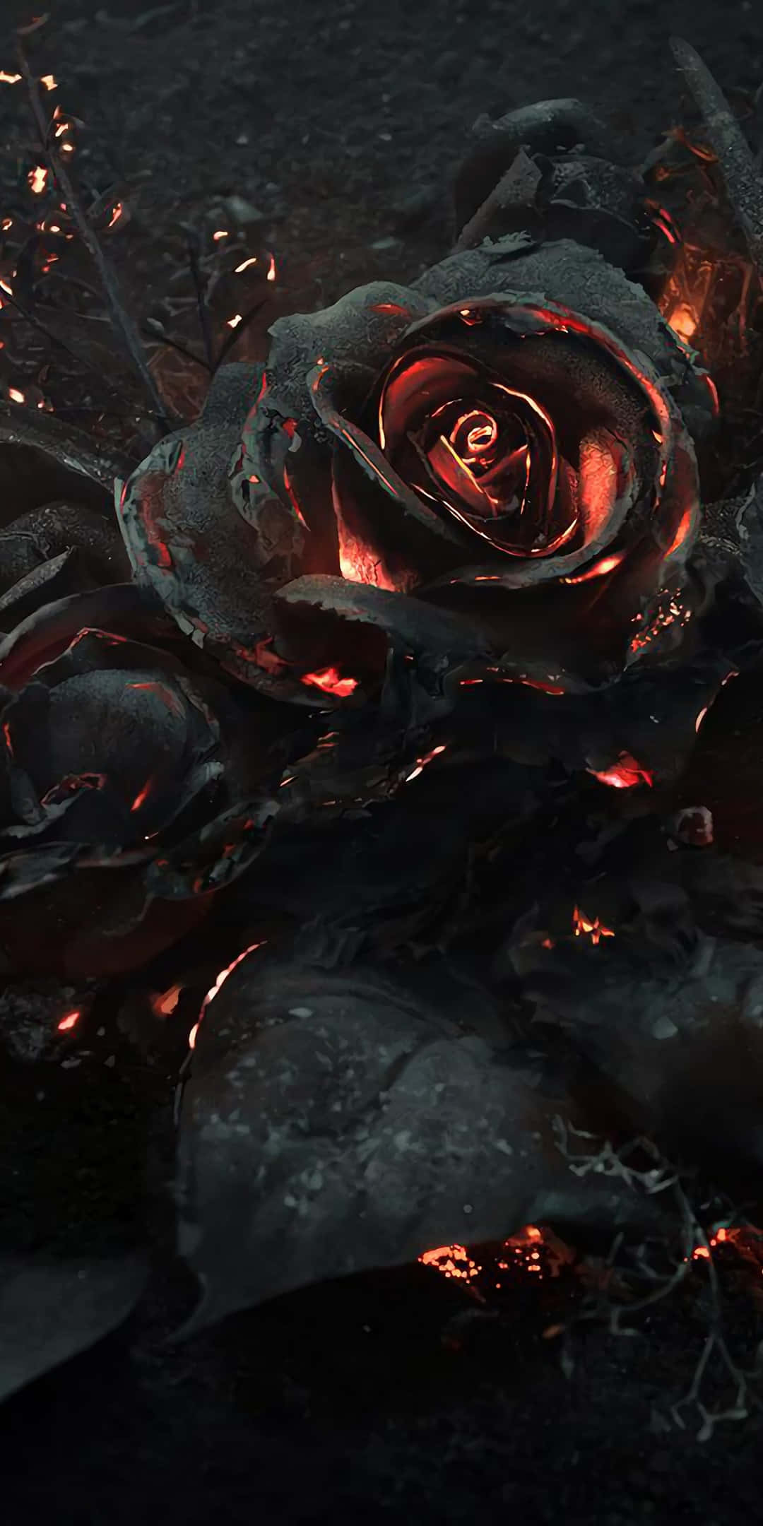 Pixel 3 Roses 桌布 壁紙 — 一朵燒焦的玫瑰在黑暗的灰燼覆蓋的地面上，散發出熔岩般的紅光，伴隨著閃爍的餘燼。