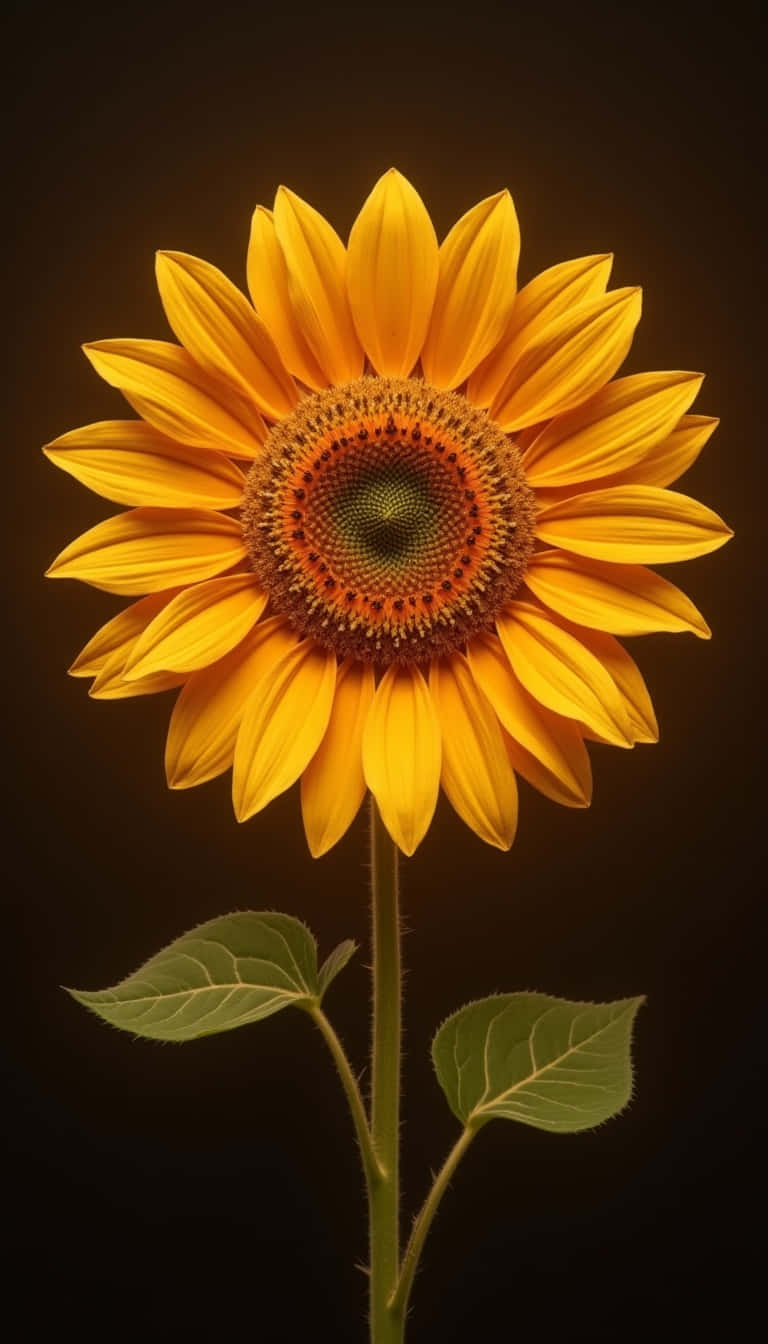Flower 壁紙 — 一朵燦爛的向日葵，金色花瓣和精細的花心，在深棕色背景上高高聳立。