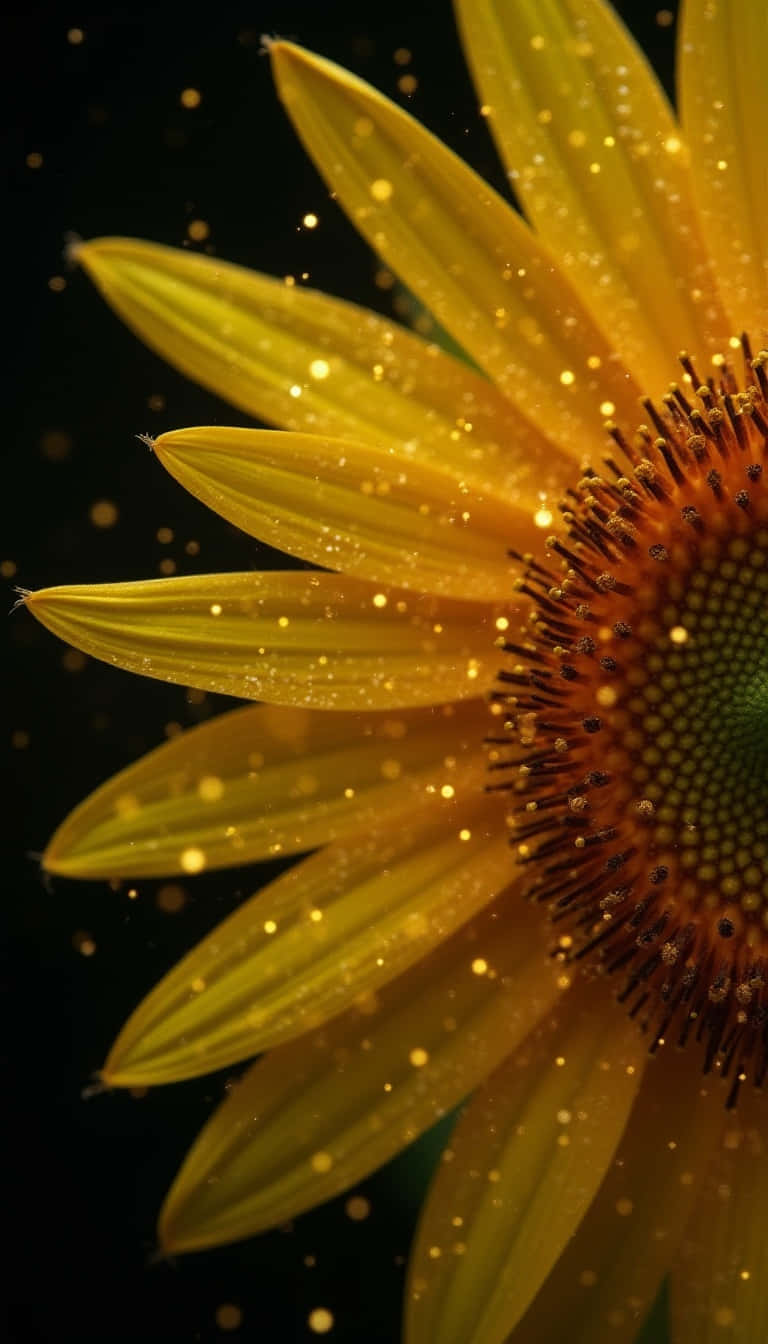 Flower 壁紙 — 一朵燦爛的向日葵，金色花瓣和閃爍的塵埃在深黑色背景中發光。