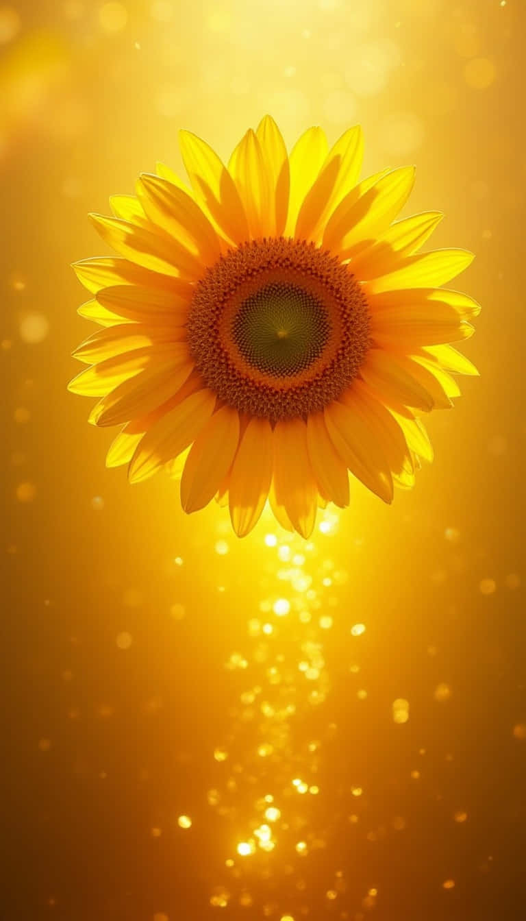 Flower 壁紙 — 一朵燦爛的向日葵在金色背景下發光，下方有閃爍的光粒子飄落。