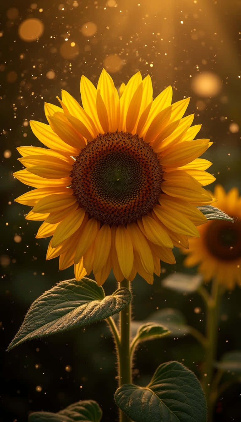 Flower 壁紙 — 一朵燦爛的向日葵在金色陽光下盛開，閃爍的微粒漂浮在溫暖的散景背景中。
