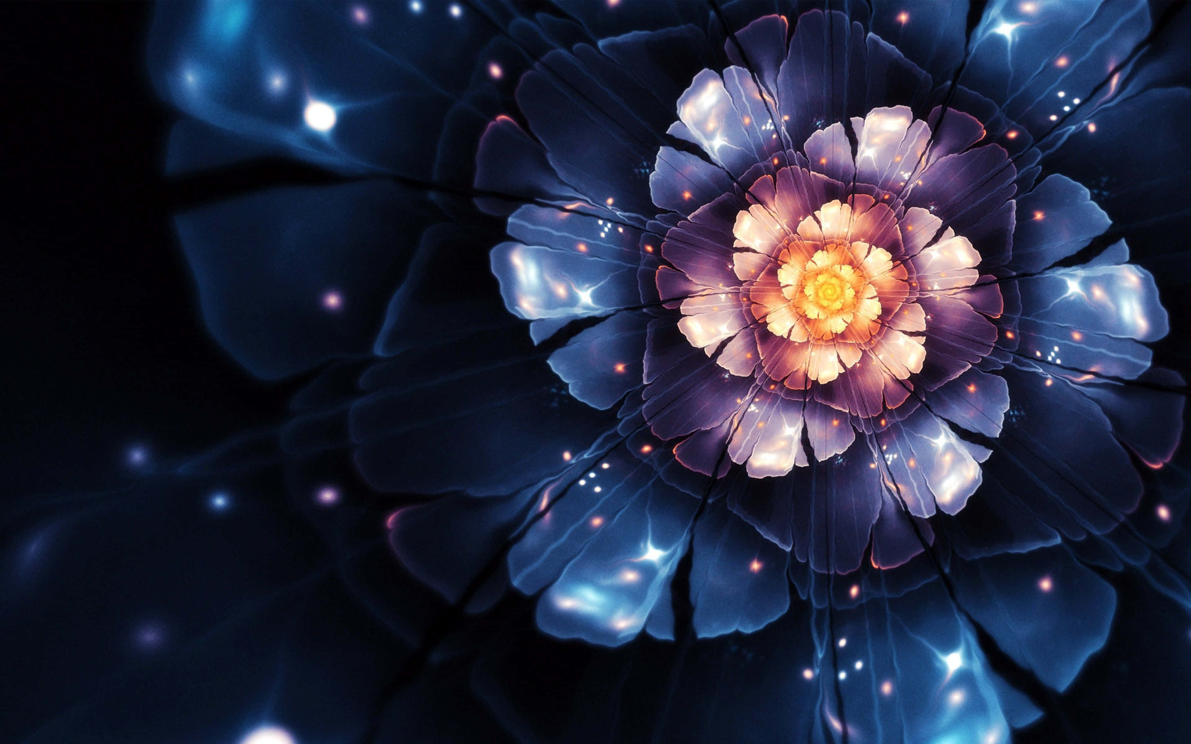 Abstract Rose 桌布 壁紙 — 一朵燦爛的宇宙之花在繁星點點的深藍色虛空中綻放，花瓣閃閃發光。