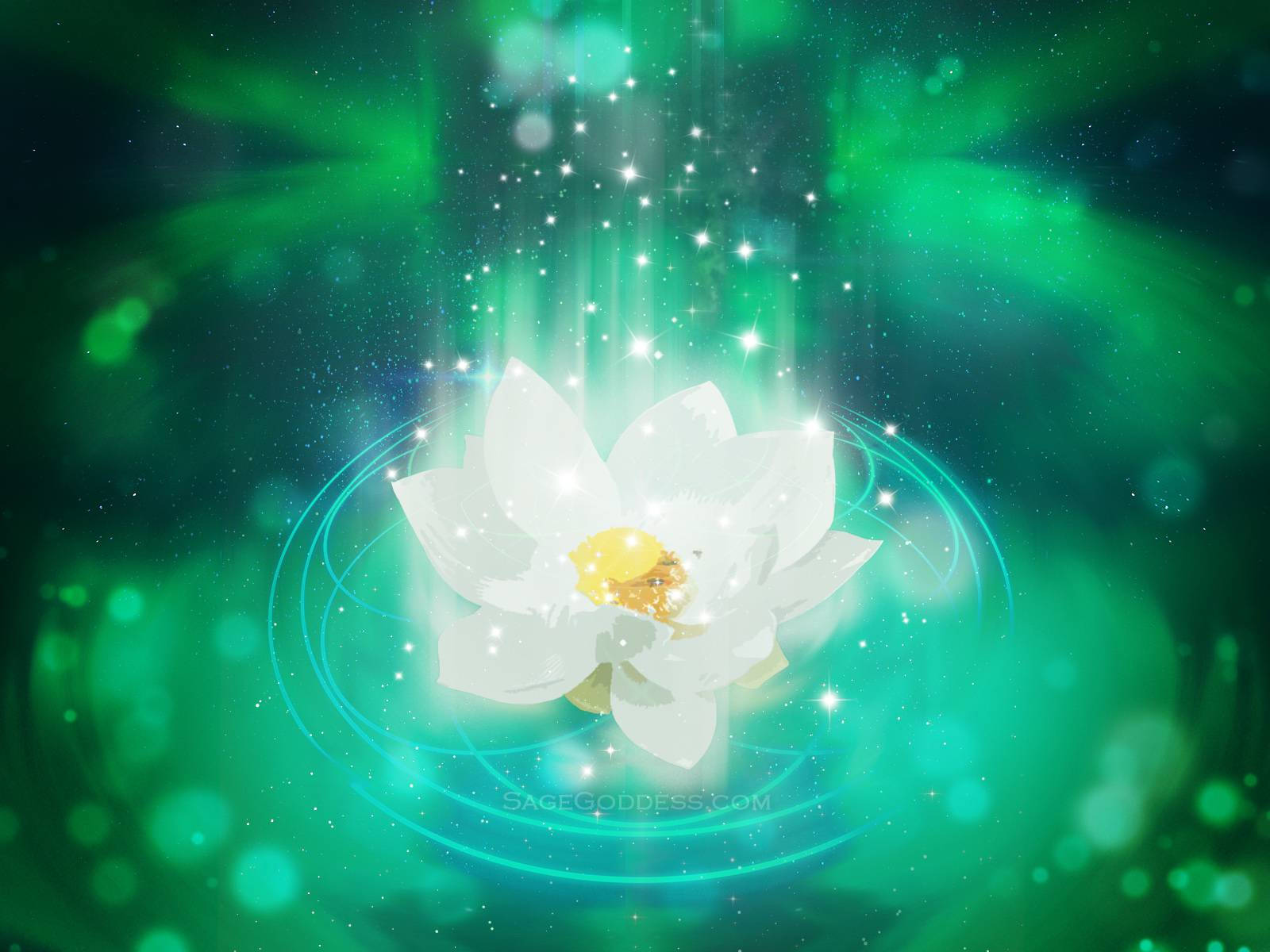 蓮花 桌布 壁紙 — 一朵燦爛的白蓮在發光的綠色宇宙漩渦中心盛開，周圍環繞著閃爍的星星和空靈的光束。