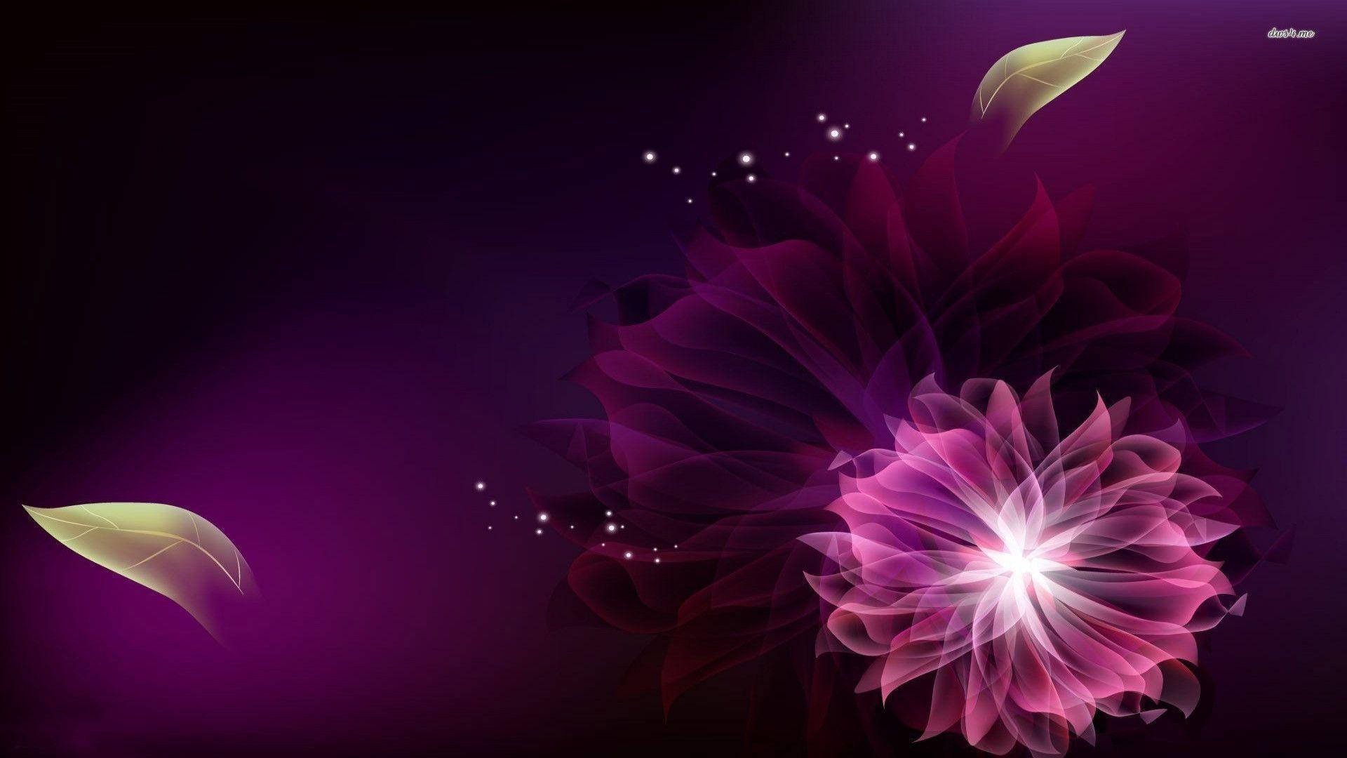 Purple Flower Laptop 桌布 壁紙 — 一朵燦爛的粉紅色和紫色抽象花朵在深色漸變背景上綻放，帶有發光的葉子和閃爍的粒子。