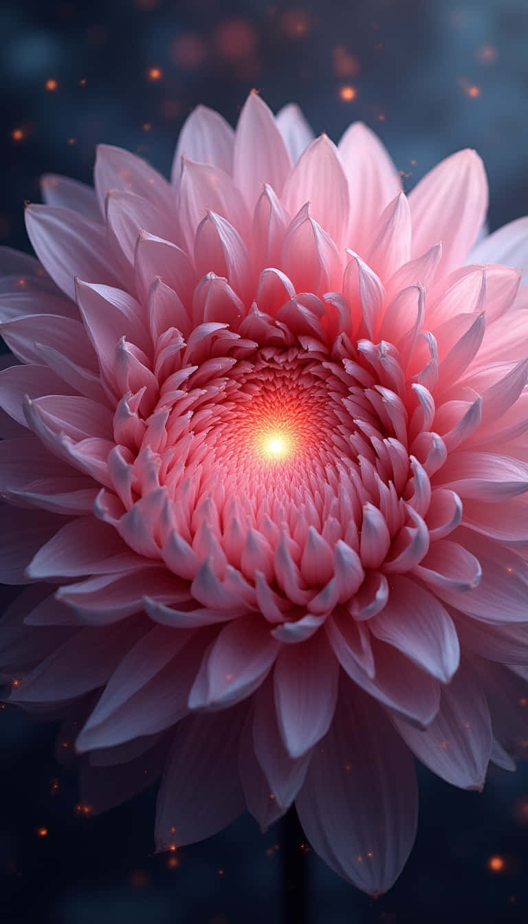 Flower 壁紙 — 一朵燦爛的粉紅色菊花在深藍色背景上綻放，中心發光，背景點綴著漂浮的火花。