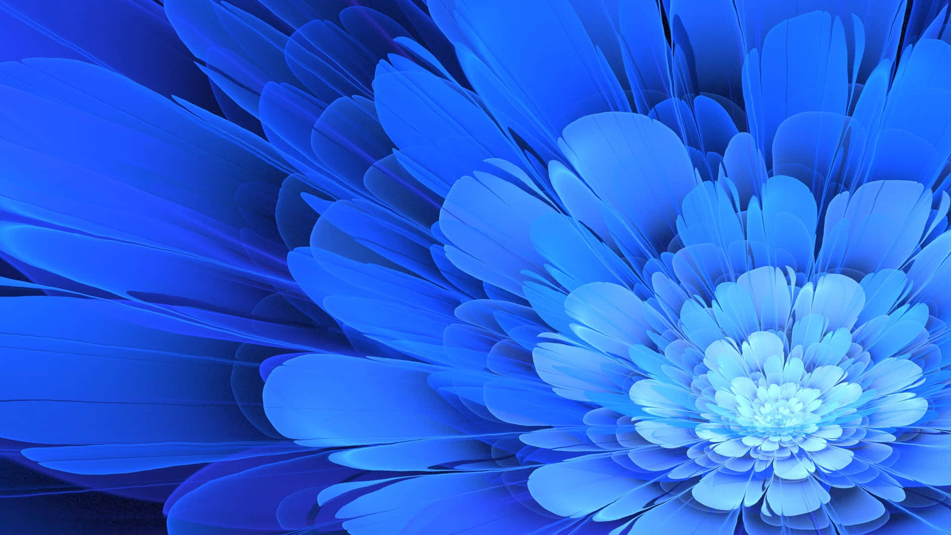 Flower Petals 桌布 壁紙 — 一朵燦爛的藍色花朵，帶有層層花瓣，從明亮的中心向黑暗背景放射。