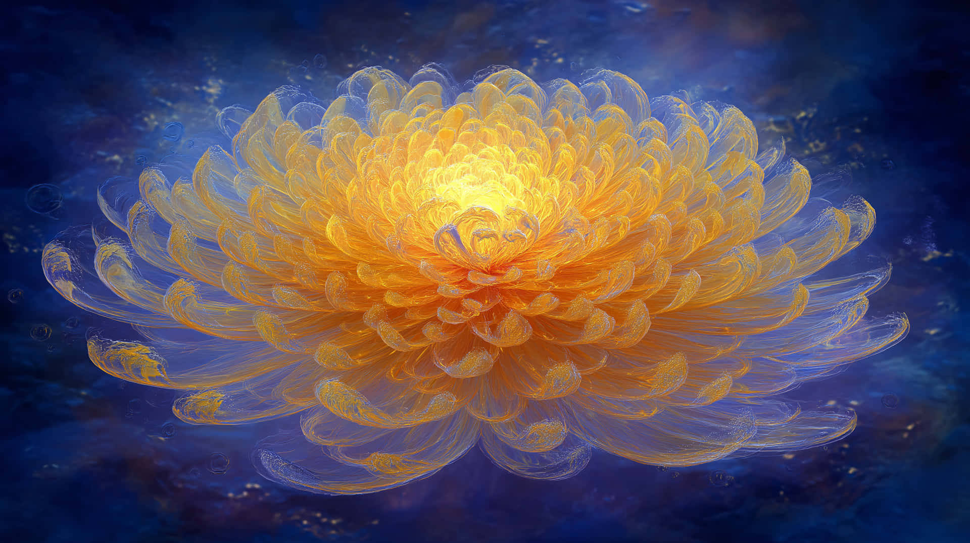 Grand Luminous Bloom: Intricate Petals and Glowing Core 壁紙 — 一朵燦爛的金色菊花，帶有半透明的花瓣，在深邃的宇宙藍色背景上綻放。