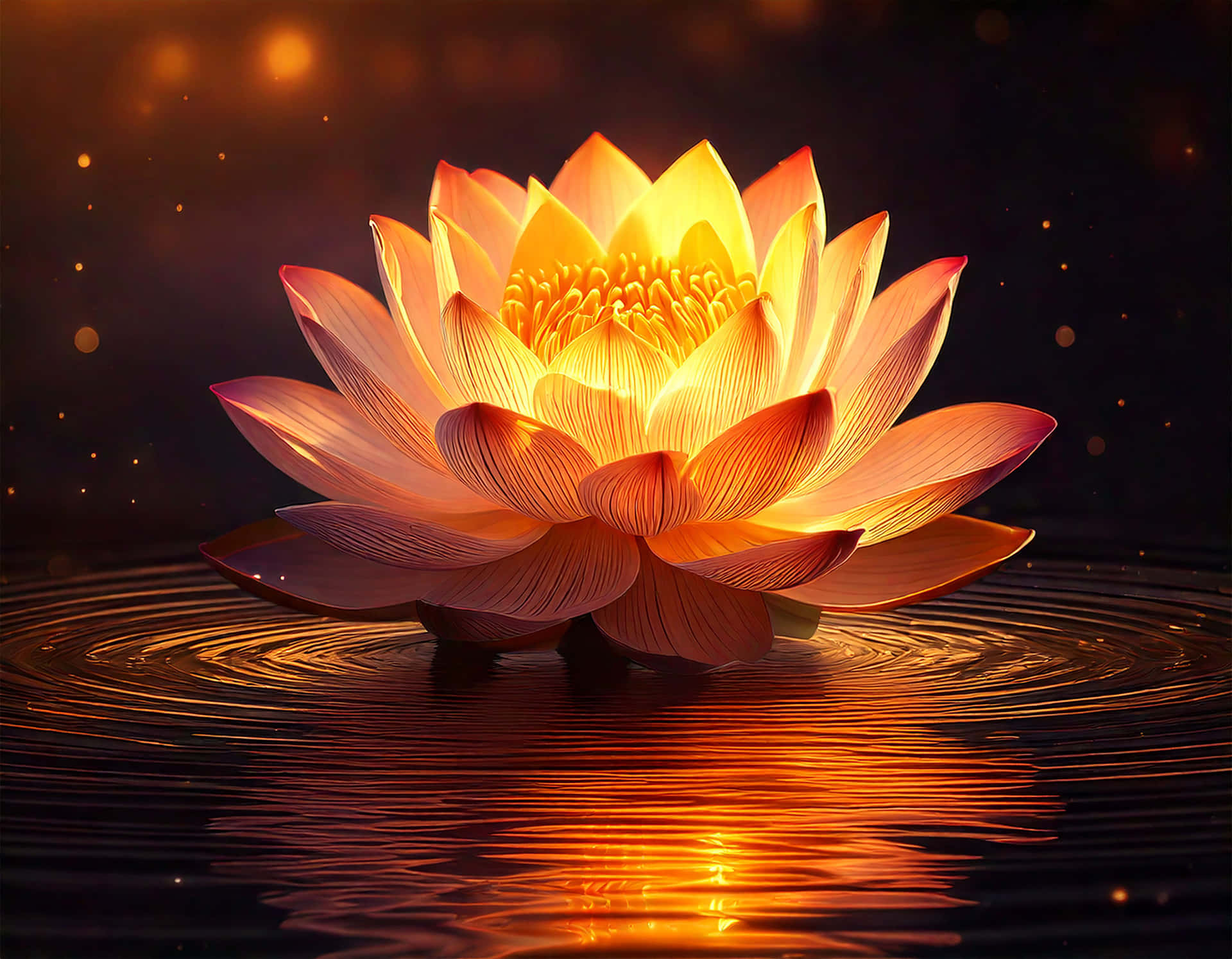 Lotus 壁紙 — 一朵燦爛的金色蓮花在黑暗的水面上綻放，伴隨著發光的漣漪和漂浮的粒子，營造出寧靜的黃昏氛圍。