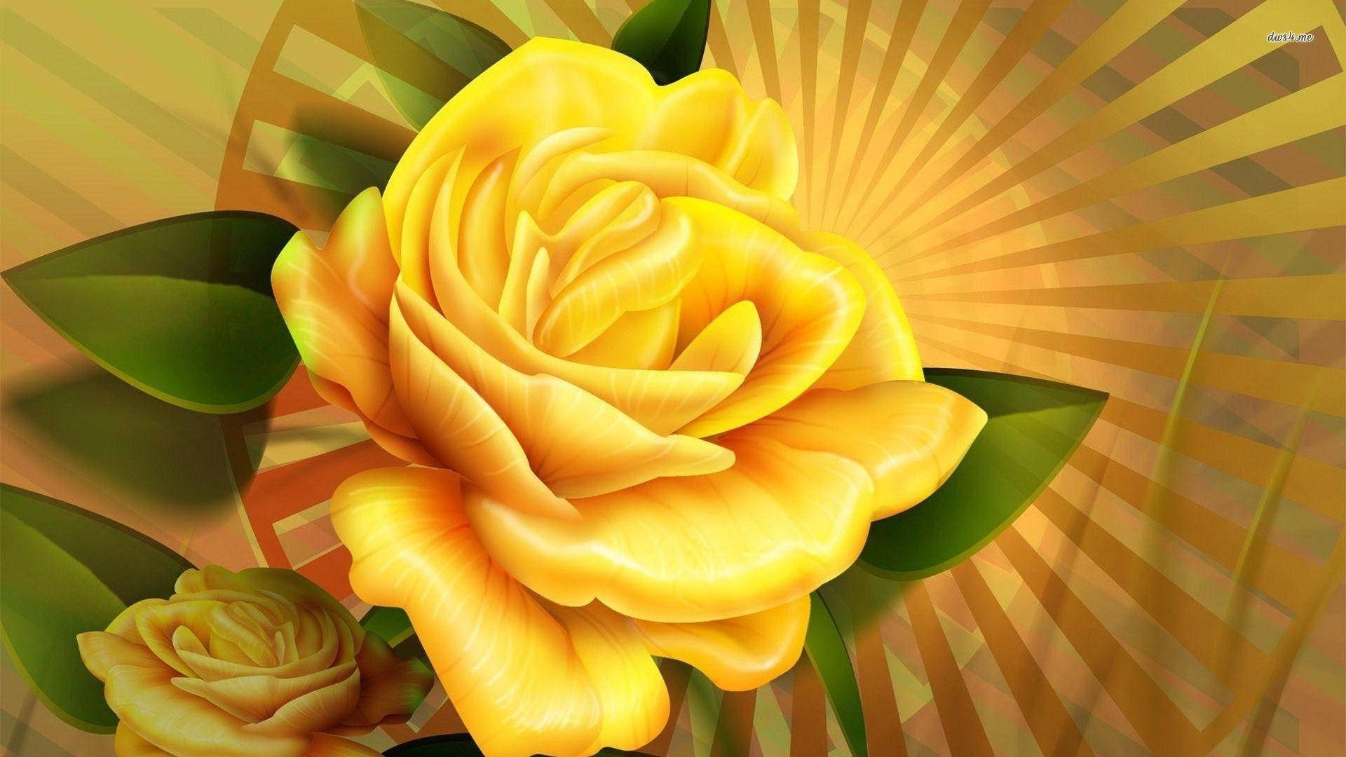 Yellow Rose 桌布 壁紙 — 一朵燦爛的黃玫瑰在溫暖的金色光芒和綠葉的背景下盛開，花瓣豐盈。