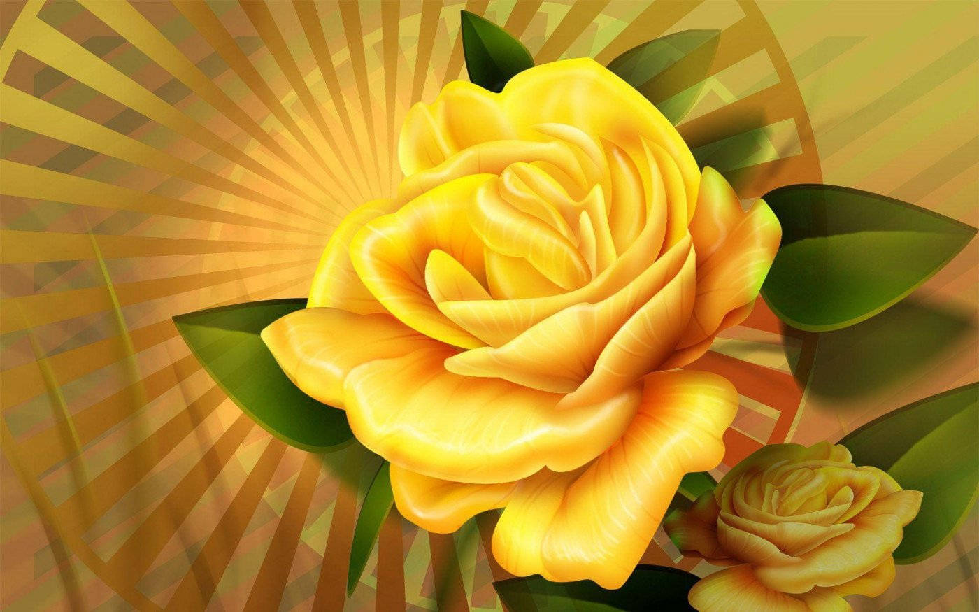 Yellow Rose 桌布 壁紙 — 一朵燦爛的黃玫瑰在金色陽光四射的背景中盛開，伴隨著茂盛的綠葉。