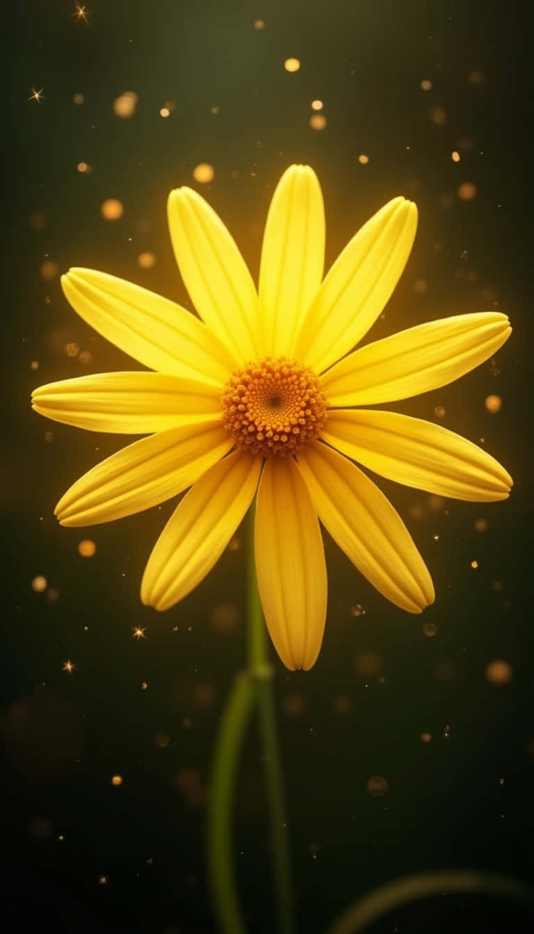 Flower 壁紙 — 一朵燦爛的黃色雛菊在黑暗背景下綻放，背景點綴著發光的金色粒子和柔和散景光。