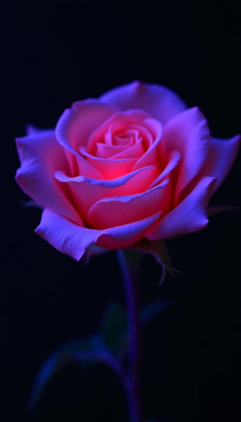 Flower 壁紙 — 一朵玫瑰在深黑色背景上散發出絢麗的粉紅色和紫色光芒。