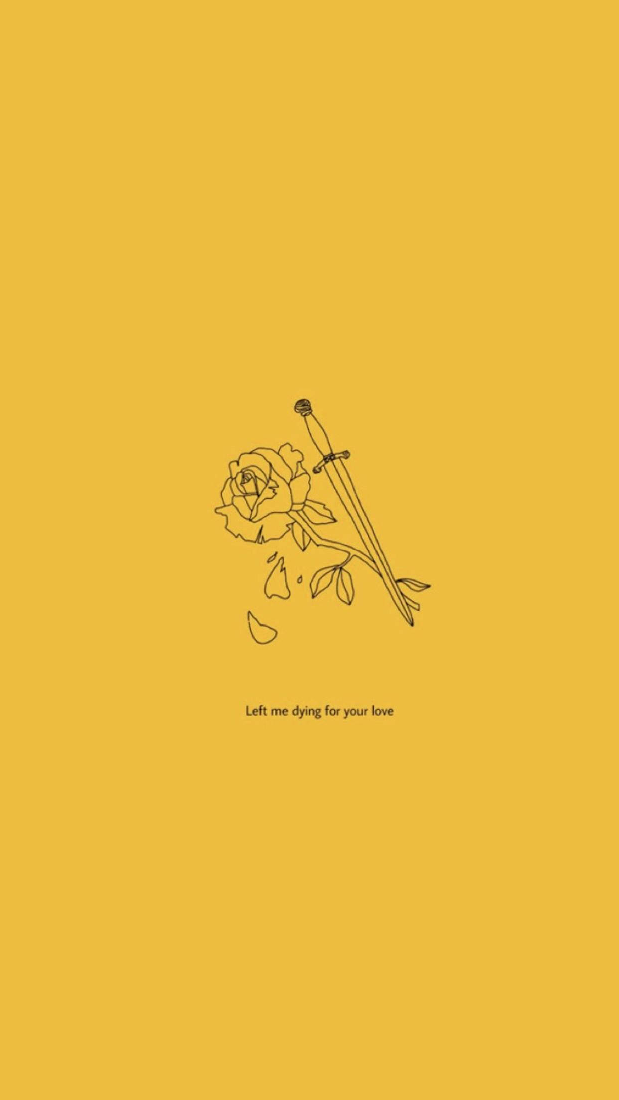 Aesthetic Love 桌布 壁紙 — 一朵玫瑰與一把劍的極簡線條畫，背景為純芥末黃色，下方附有文字。