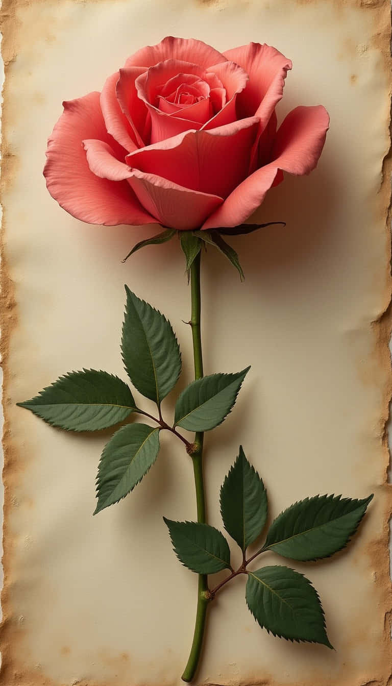 Flower 壁紙 — 一朵珊瑚粉紅玫瑰，帶有茂盛的綠葉和莖，放在舊羊皮紙上。