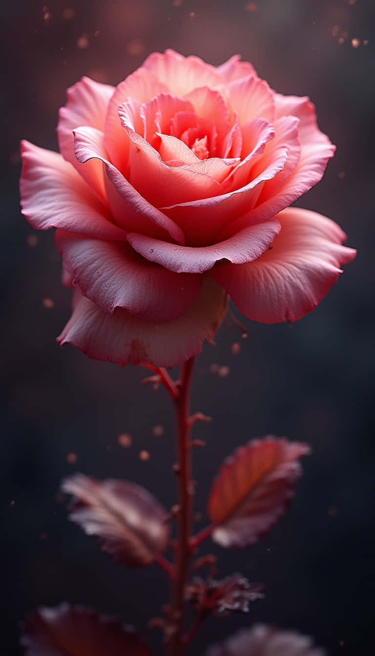 Flower 壁紙 — 一朵珊瑚粉紅玫瑰在黑暗模糊的背景中柔和綻放，伴隨著漂浮的金色粒子。