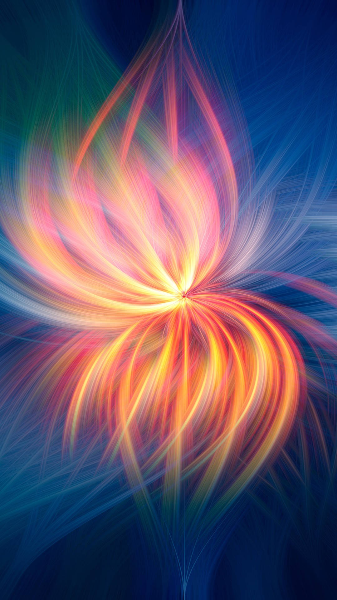 Samsung Galaxy S4 桌布 壁紙 — 一朵璀璨的分形花朵在深藍色宇宙背景中綻放，帶有火熱的橙色和粉紅色條紋。