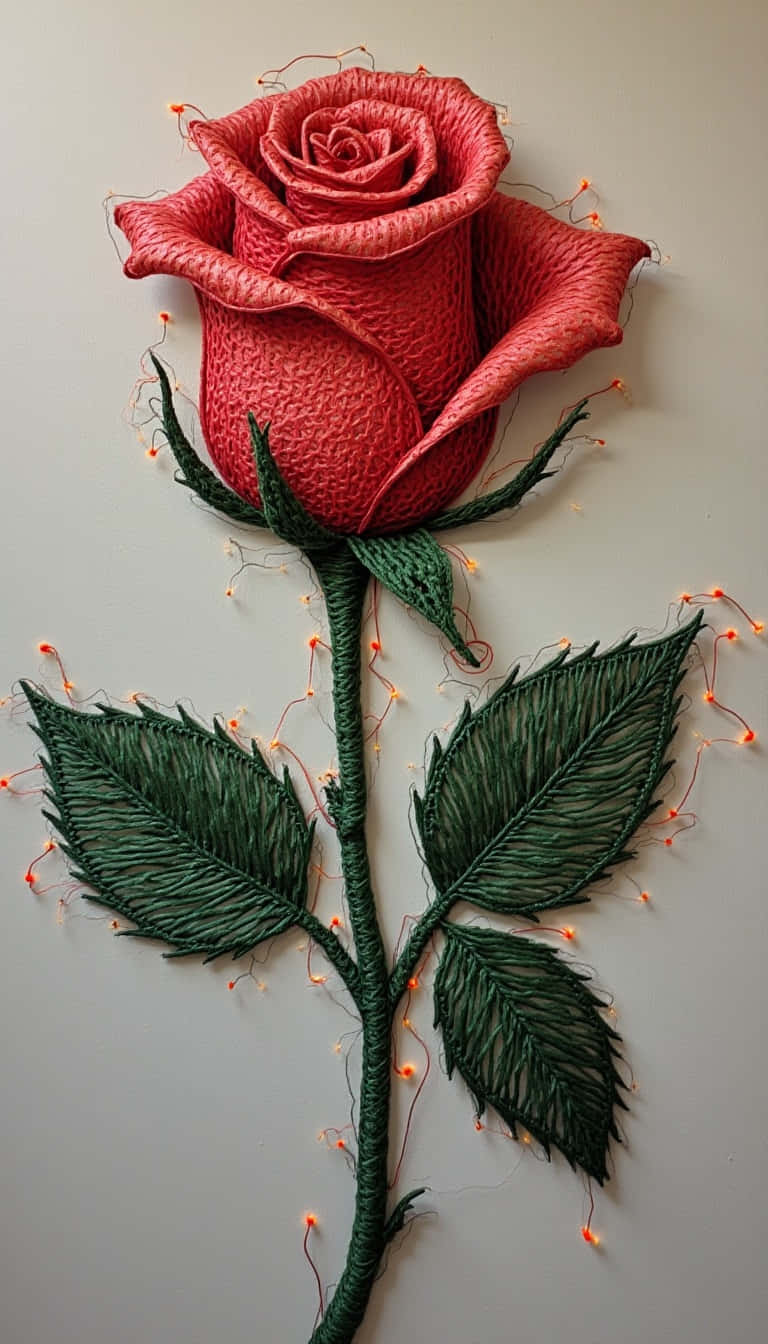 Flower 壁紙 — 一朵由質感紗線製成的鮮豔紅玫瑰，帶有發光的仙女燈纏繞在莖和葉上，掛在淺色牆上。