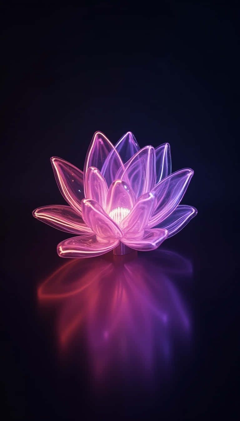 Flower 壁紙 — 一朵發光的半透明粉紅色蓮花，帶有明亮的白色核心，漂浮在黑暗表面上，投射出鮮豔的紫色倒影。