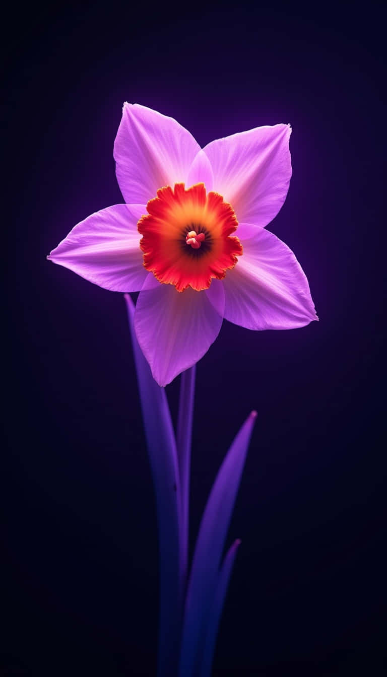 Flower 壁紙 — 一朵發光的單枝水仙花，帶有薰衣草色花瓣和火熱的橙色花心，在深黑色背景上高高聳立。