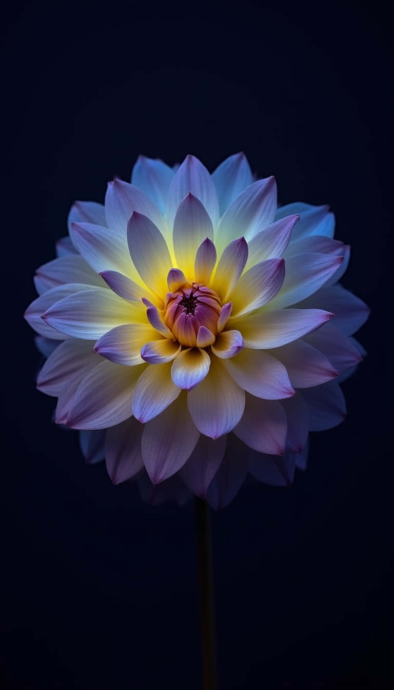 Flower 壁紙 — 一朵發光的大理花，層層花瓣從內部發光，襯托在深黑色背景上。
