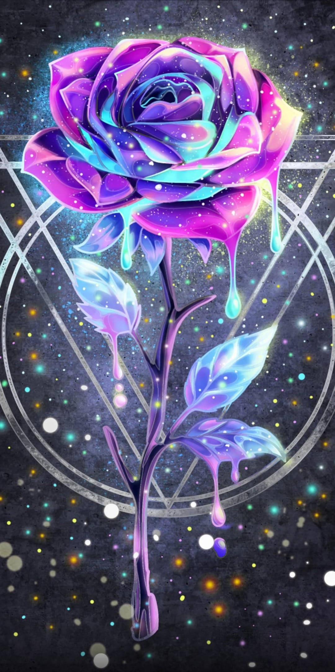 滴落感 桌布 壁紙 — 一朵發光的宇宙玫瑰，帶有滴落的霓虹花瓣，漂浮在由幾何線條框住的星空夜空前。