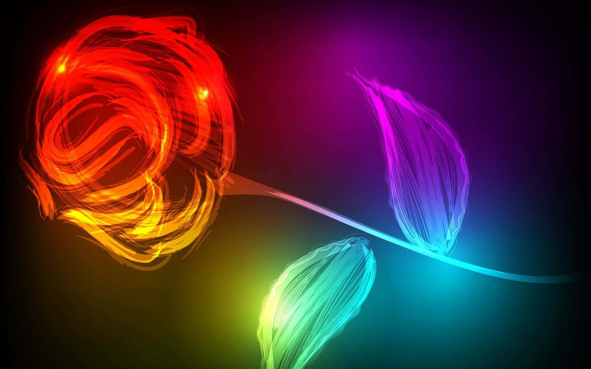 Abstract Rose 桌布 壁紙 — 一朵發光的抽象玫瑰，帶有火紅的花瓣和霓虹葉子，背景為深色漸變。