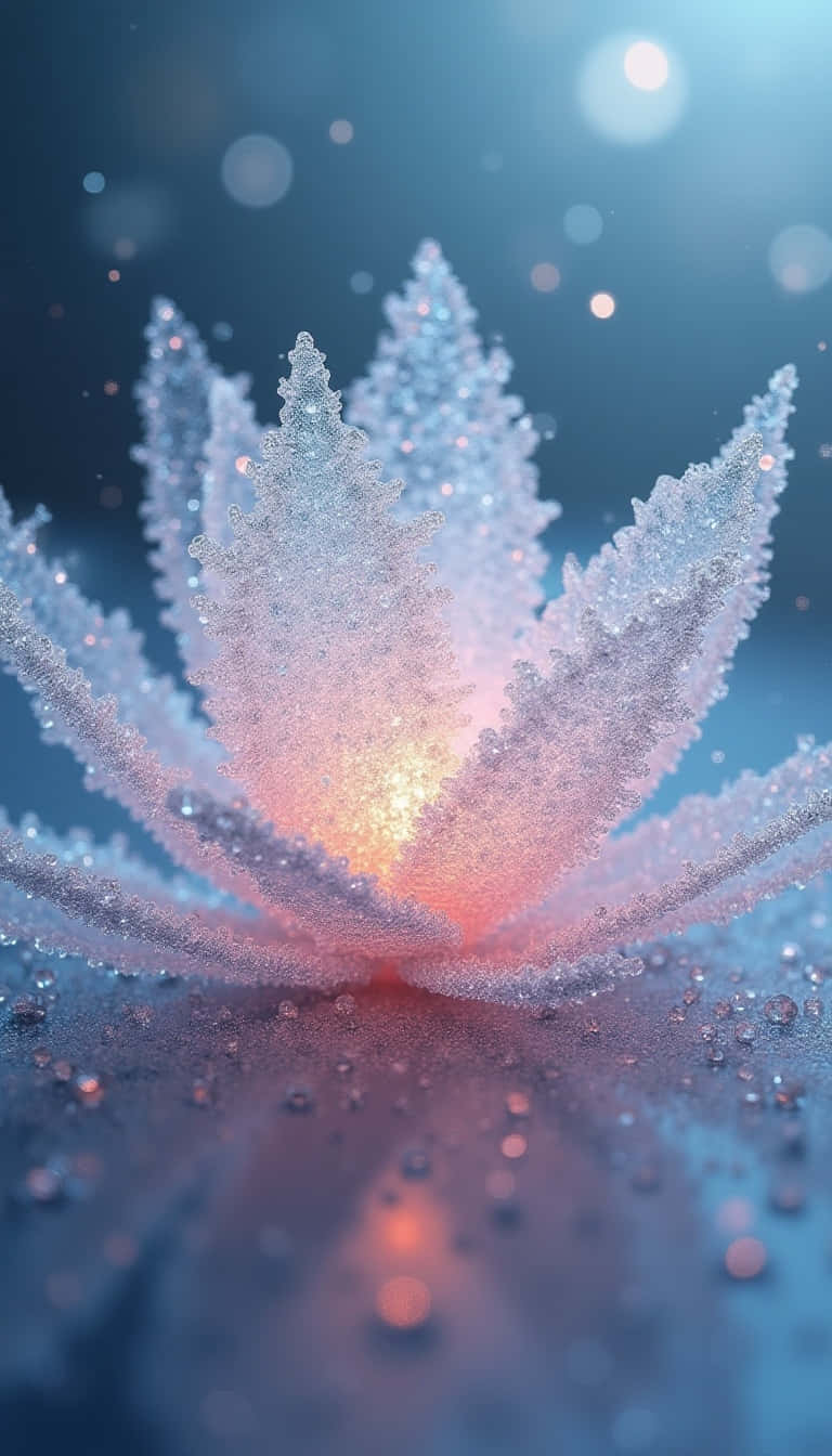 Flower 壁紙 — 一朵發光的晶瑩蓮花在清涼的藍色散景背景中散發著溫暖的光芒，並帶有閃爍的水滴。
