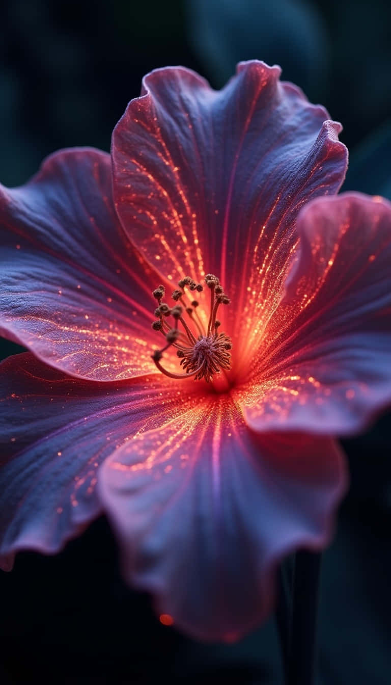 Flower 壁紙 — 一朵發光的木槿花特寫，從其中心散發出耀眼的紅橙色光芒，背景為深色。