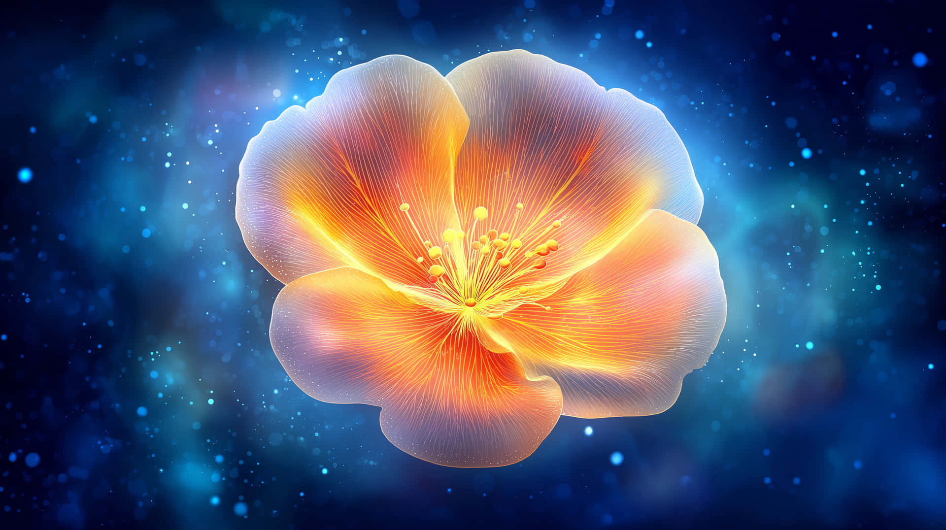 Radiant Fantasy Bloom: Delicate Petals on Sparkling Background 壁紙 — 一朵發光的橙色花朵，帶有半透明的花瓣，漂浮在深藍色星空宇宙背景上。