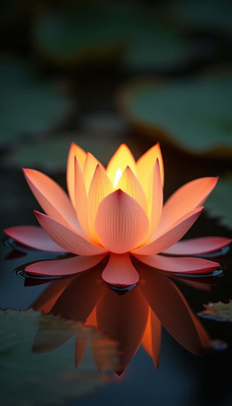 Flower 壁紙 — 一朵發光的橙色蓮花漂浮在黑暗的水面上，其倒影在下方閃爍。
