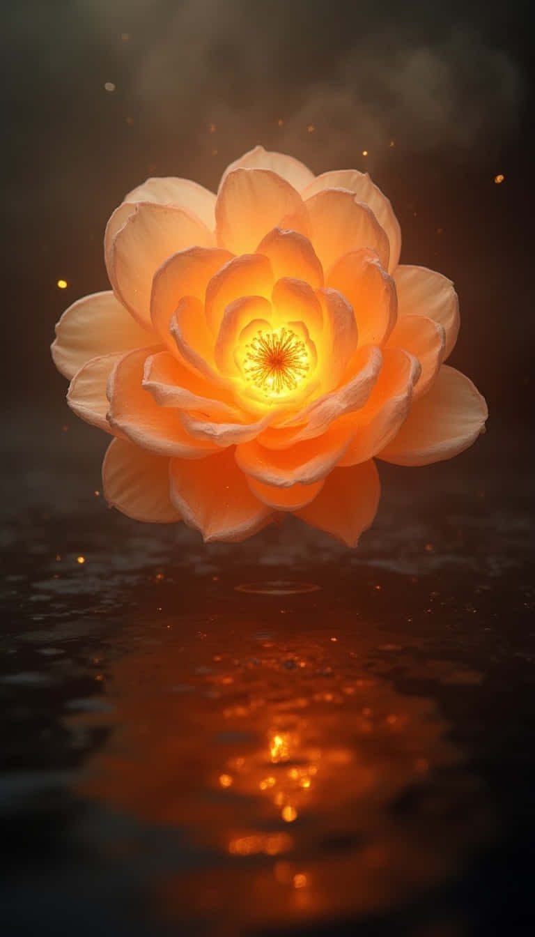 Flower 壁紙 — 一朵發光的橙色蓮花靜靜地漂浮在黑暗的水面上，其燦爛的倒影在下方閃爍。