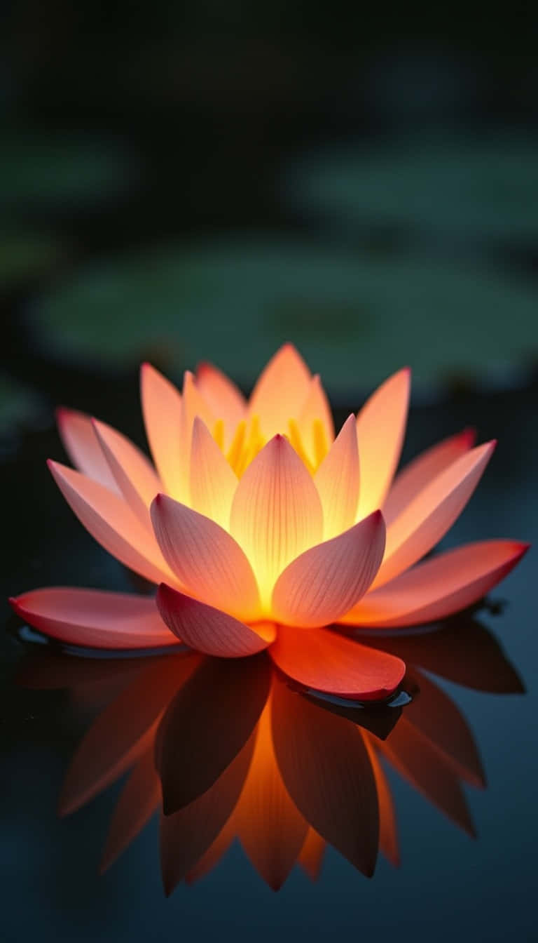 Flower 壁紙 — 一朵發光的橙色蓮花靜靜地漂浮在黑暗的水面上，帶有清晰的倒影和背景中模糊的綠色睡蓮葉。
