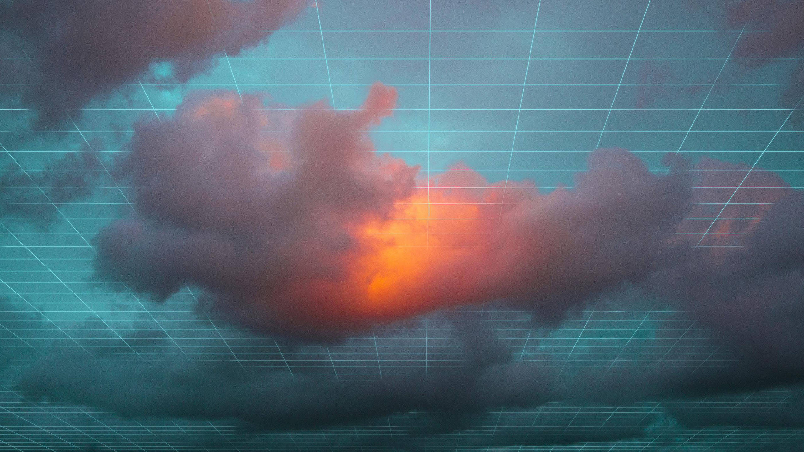 Clouds Aesthetics 桌布 壁紙 — 一朵發光的橙色雲朵漂浮在帶有發光網格圖案的青綠色天空上。