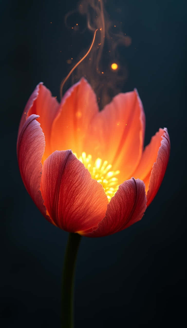 Flower 壁紙 — 一朵發光的橙色鬱金香，帶有光芒四射的黃色中心，在黑暗背景上散發出旋轉的金色煙霧。