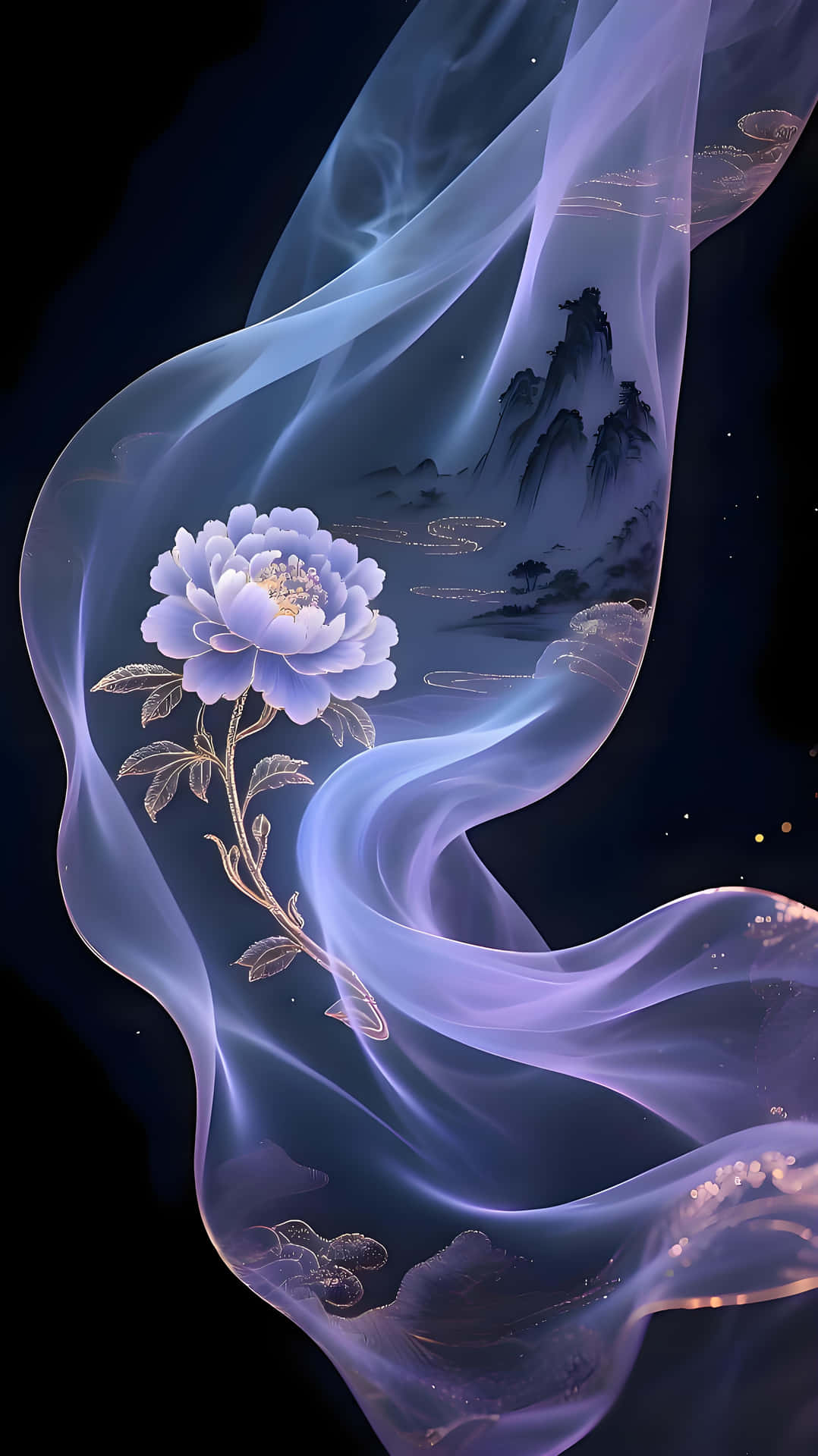 Purple Peony & Flowing Silk: Chinese Fantasy Art Wallpaper 壁紙 — 一朵發光的淡藍色牡丹在旋轉的半透明薰衣草煙霧中綻放，背景顯現出霧氣繚繞的山景。