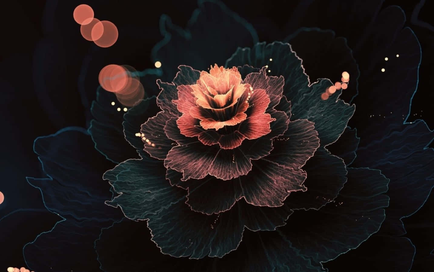 Abstract Rose 桌布 壁紙 — 一朵發光的珊瑚粉紅色花朵，帶有深藍綠色葉子，在黑色背景上綻放，伴隨著柔和散景燈光。