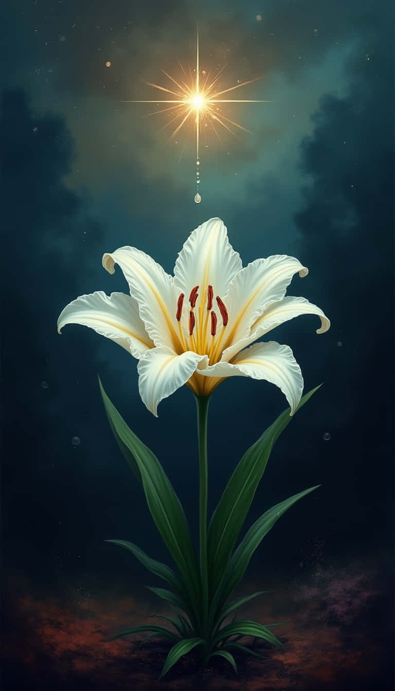 花卉 桌布 壁紙 — 一朵發光的白色百合花在璀璨的星星下綻放，一顆發光的液滴從其中心落下，映襯著黑暗的宇宙天空。