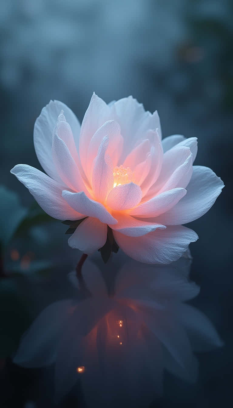 Flower 壁紙 — 一朵發光的白色花朵在清涼的藍色模糊背景下柔和地散發溫暖的內在光芒。