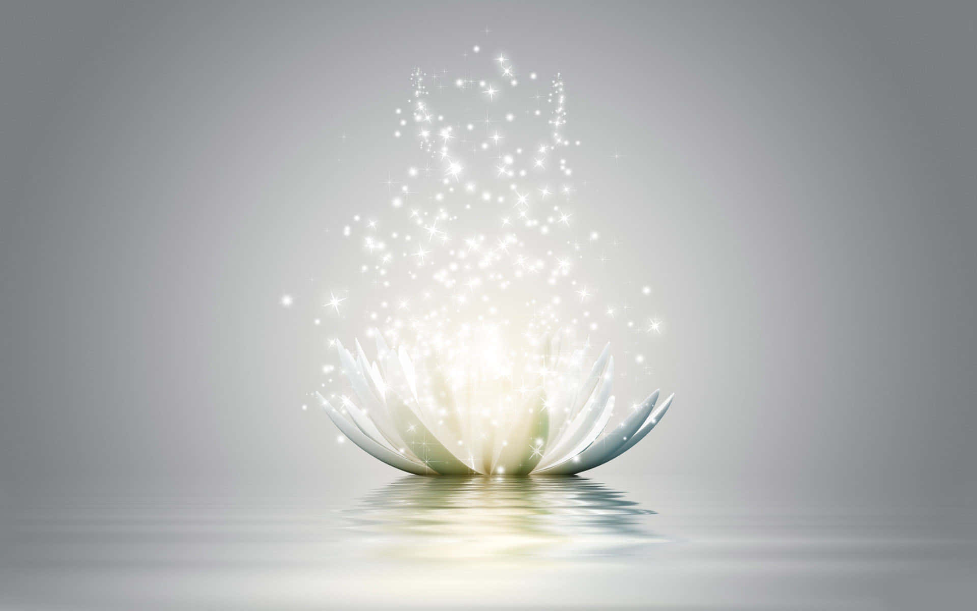 lotus 桌布 壁紙 — 一朵發光的白色蓮花在平靜的水面上盛開，釋放出閃爍的光粒子到空氣中。