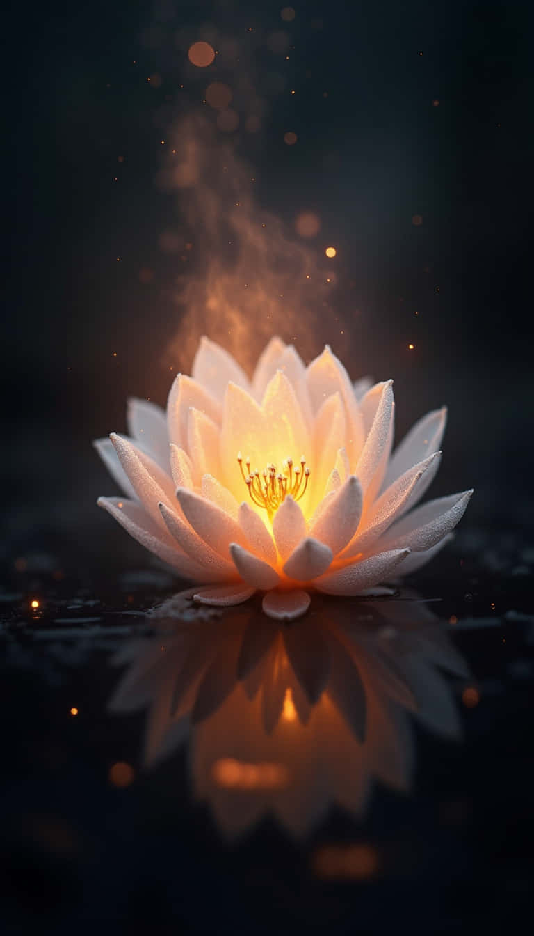花卉 桌布 壁紙 — 一朵發光的白色蓮花漂浮在黑暗的水面上，金色光芒和火花從其中心升起。