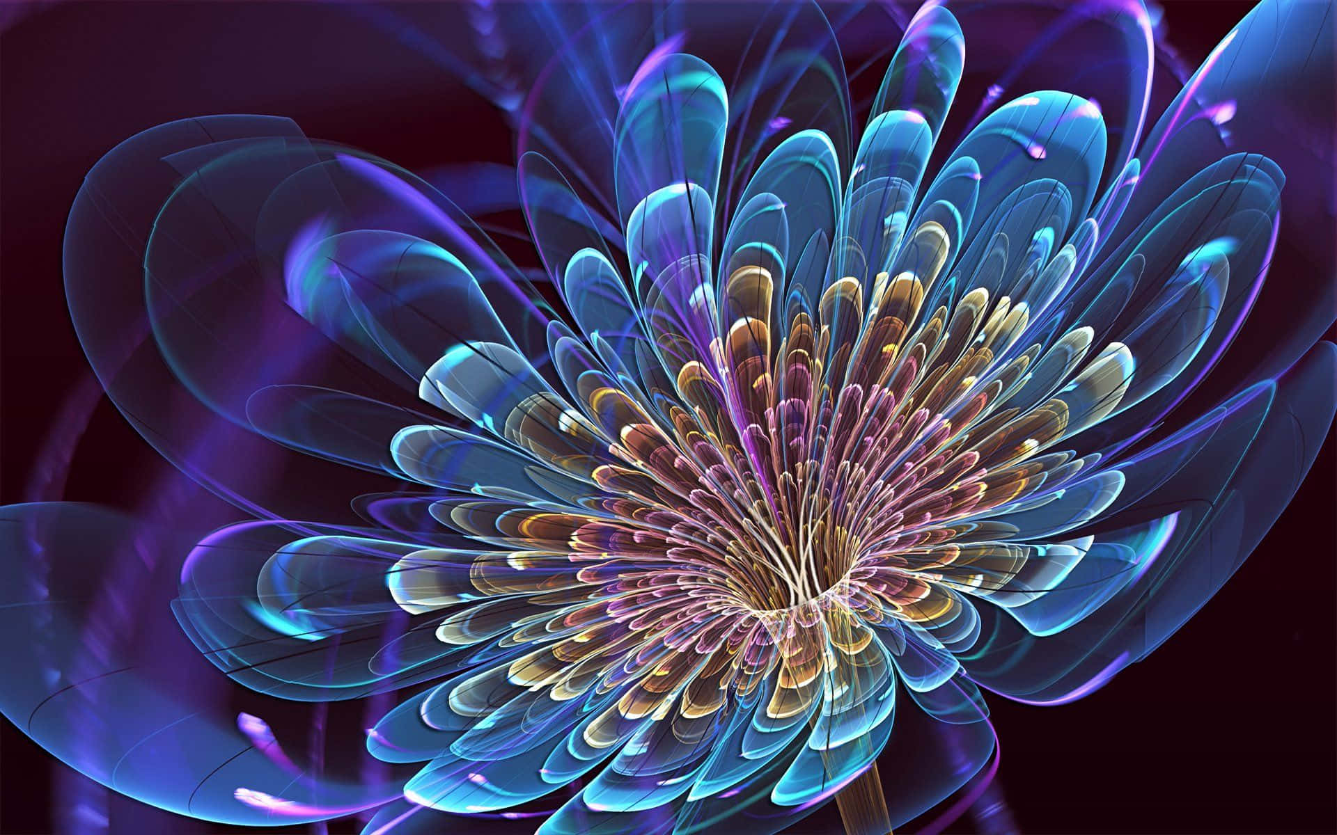Sacred Geometry 桌布 壁紙 — 一朵發光的碎形花，帶有半透明的藍色花瓣和金色花心，在深紫色背景上綻放光芒。