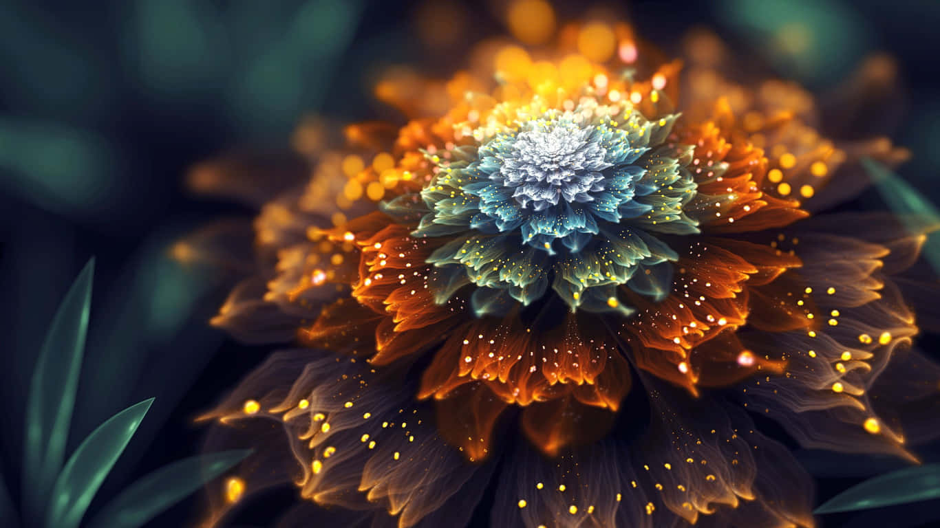Flowers 桌布 壁紙 — 一朵發光的碎形花，帶有發光的橙色花瓣和結晶般的藍色中心，在黑暗模糊的背景上閃爍。