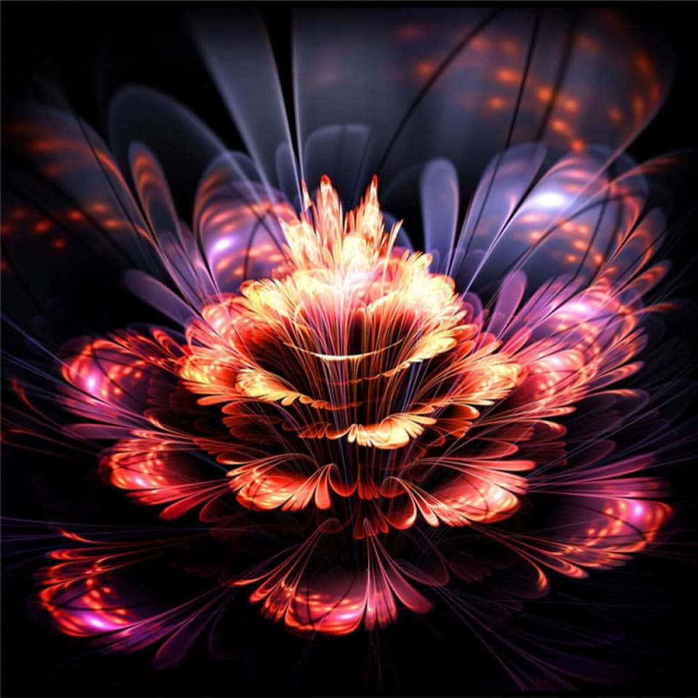 Saffron 桌布 壁紙 — 一朵發光的碎形花朵在深色背景上綻放，帶有火橙色和發光紫色的花瓣。