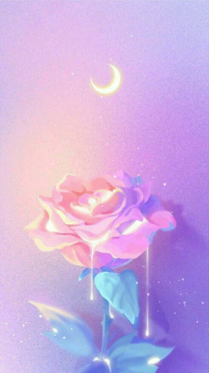 Anime Flower 桌布 壁紙 — 一朵發光的粉紅玫瑰，帶有藍色葉子，在夢幻紫色天空的彎月下滴落光芒。