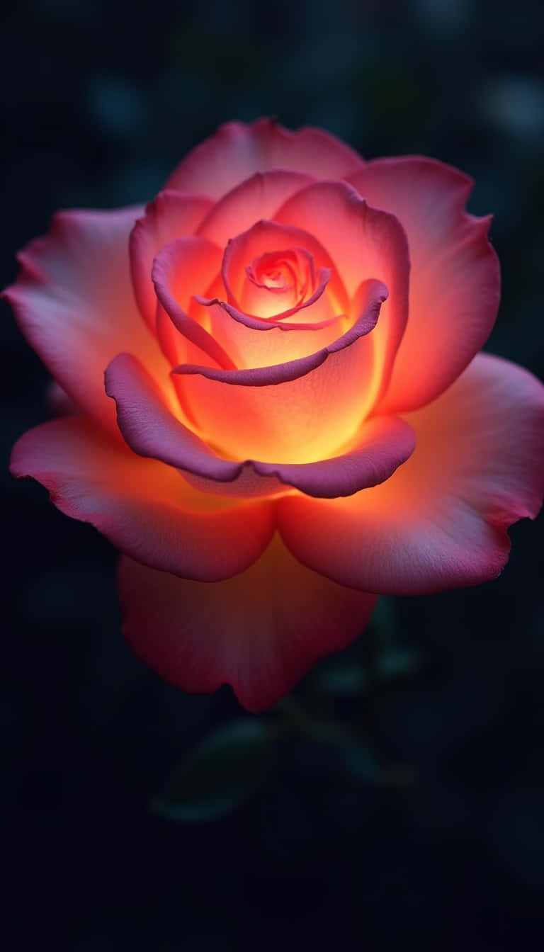 Flower 壁紙 — 一朵發光的粉紅玫瑰在黑暗模糊的背景中散發出溫暖的內在光芒。