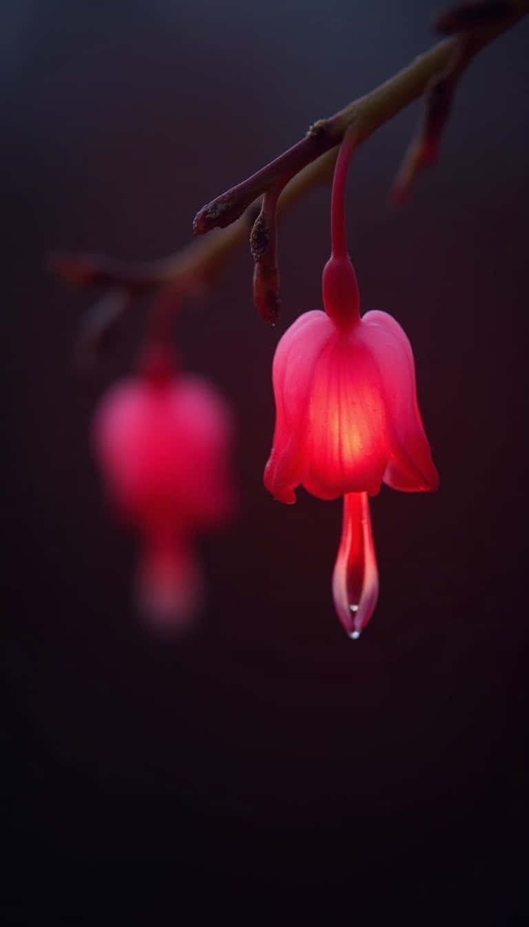 Flower 壁紙 — 一朵發光的粉紅色倒掛金鐘花從樹枝上垂下，尖端帶有露珠，背景為深色。