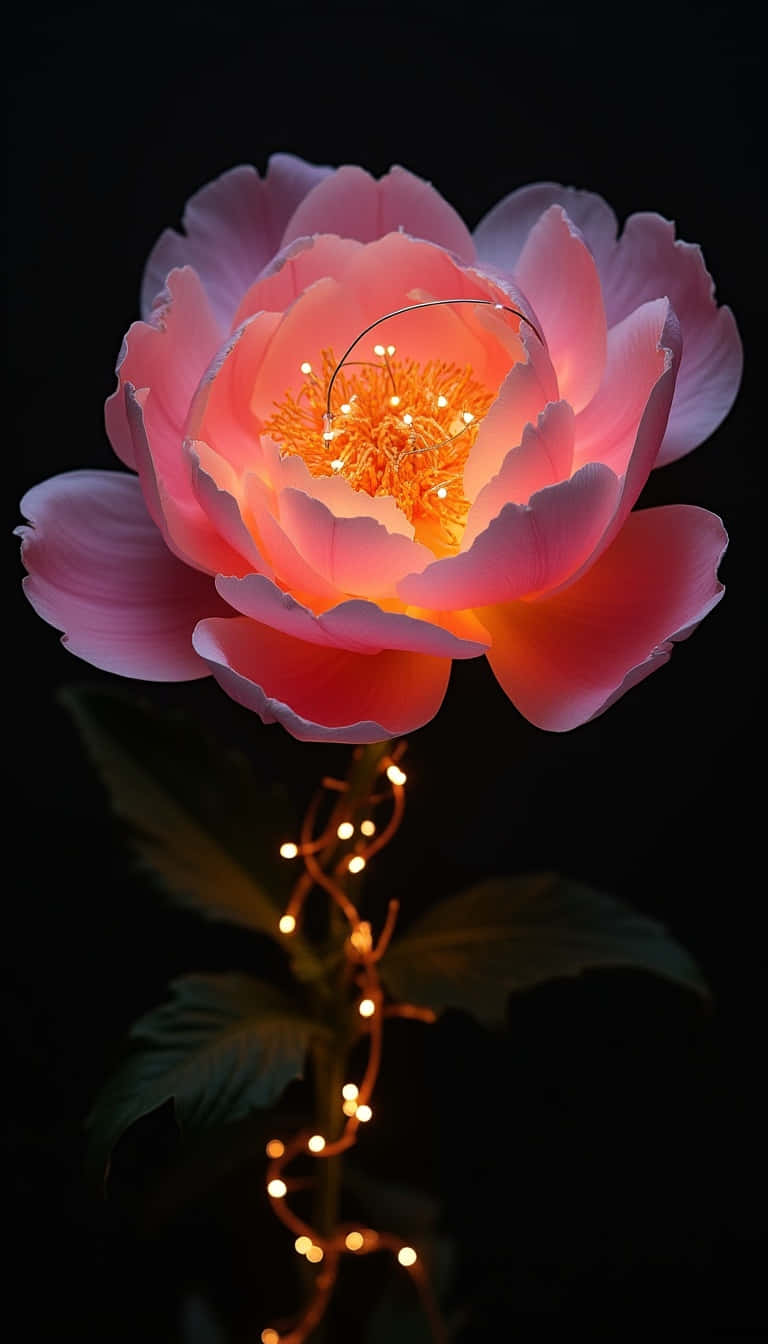 Flower 壁紙 — 一朵發光的粉紅色牡丹，金色仙女燈穿過其花瓣和莖，襯托黑色背景。