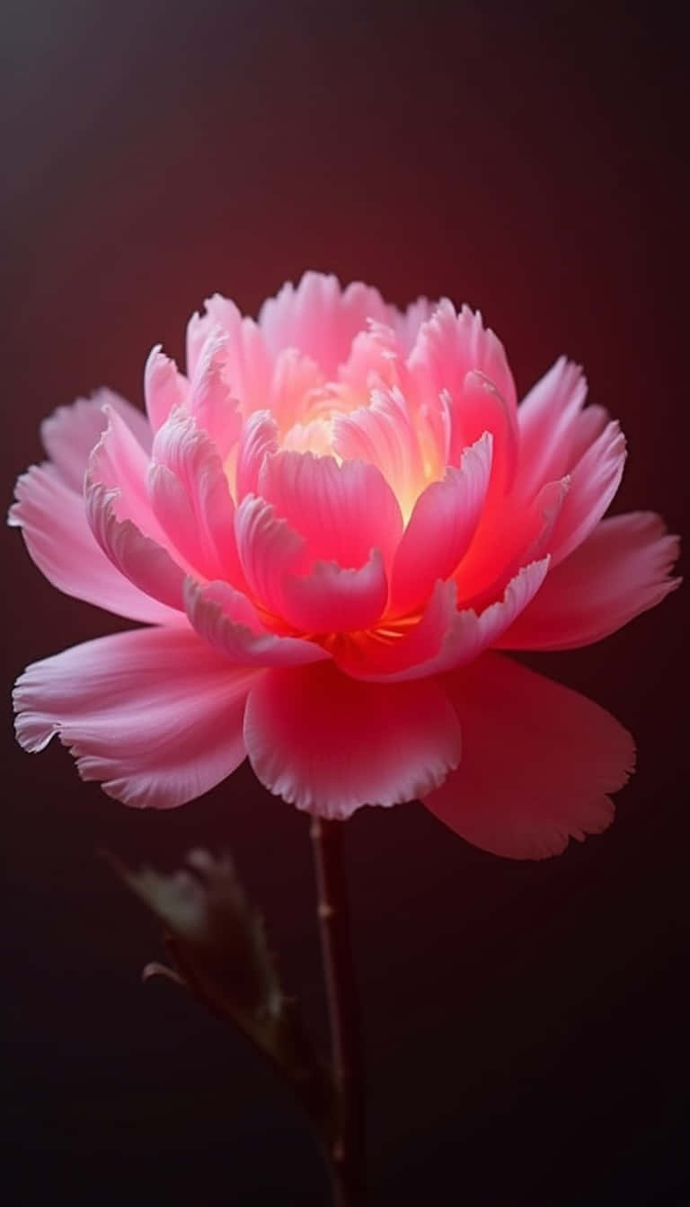 Flower 壁紙 — 一朵發光的粉紅色牡丹在深酒紅色背景下盛開，帶有柔和內在光澤和精緻的皺褶花瓣。